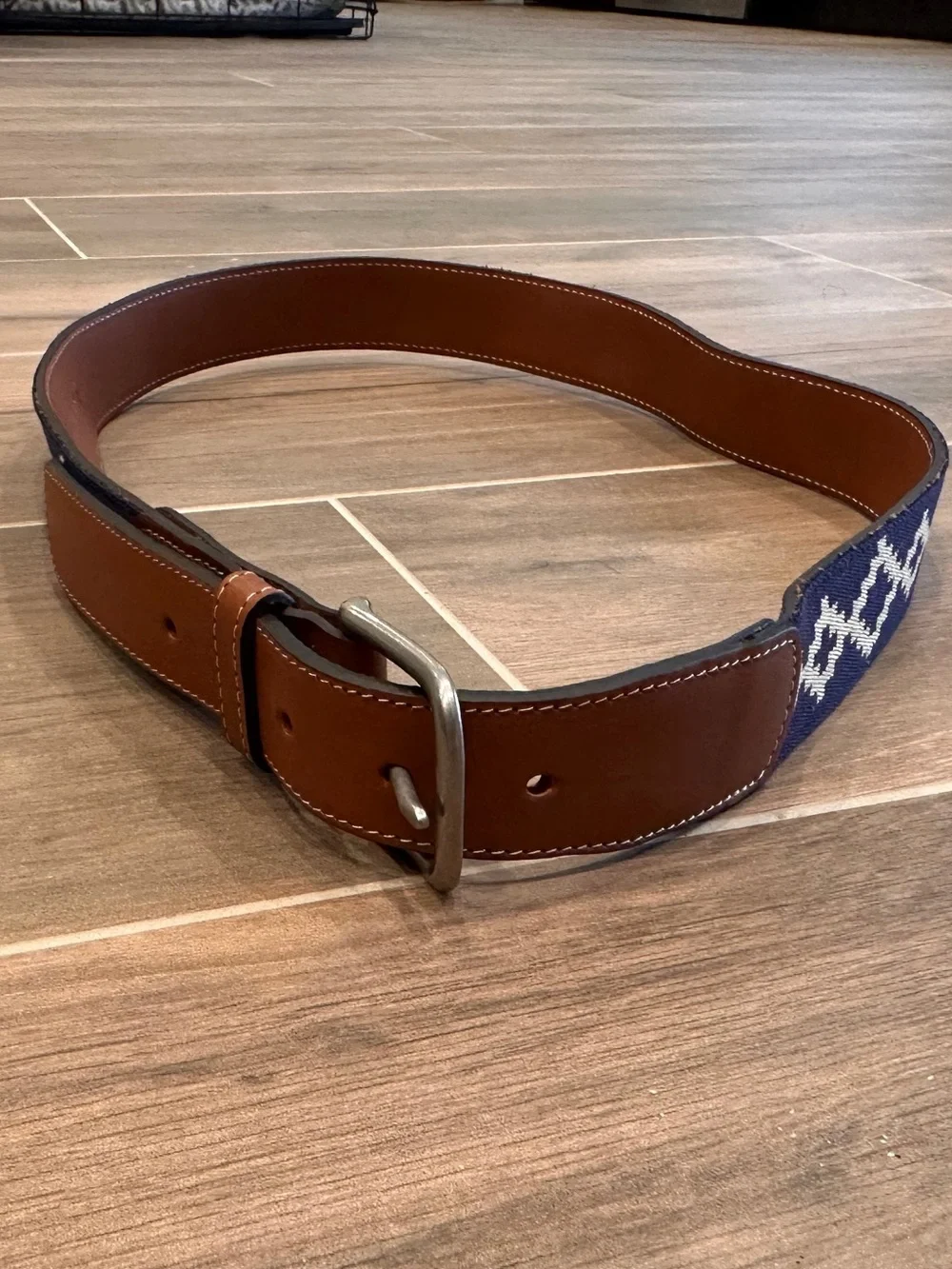 La Matera Corbina Woven Leather Belt Navy Khaki Size 38